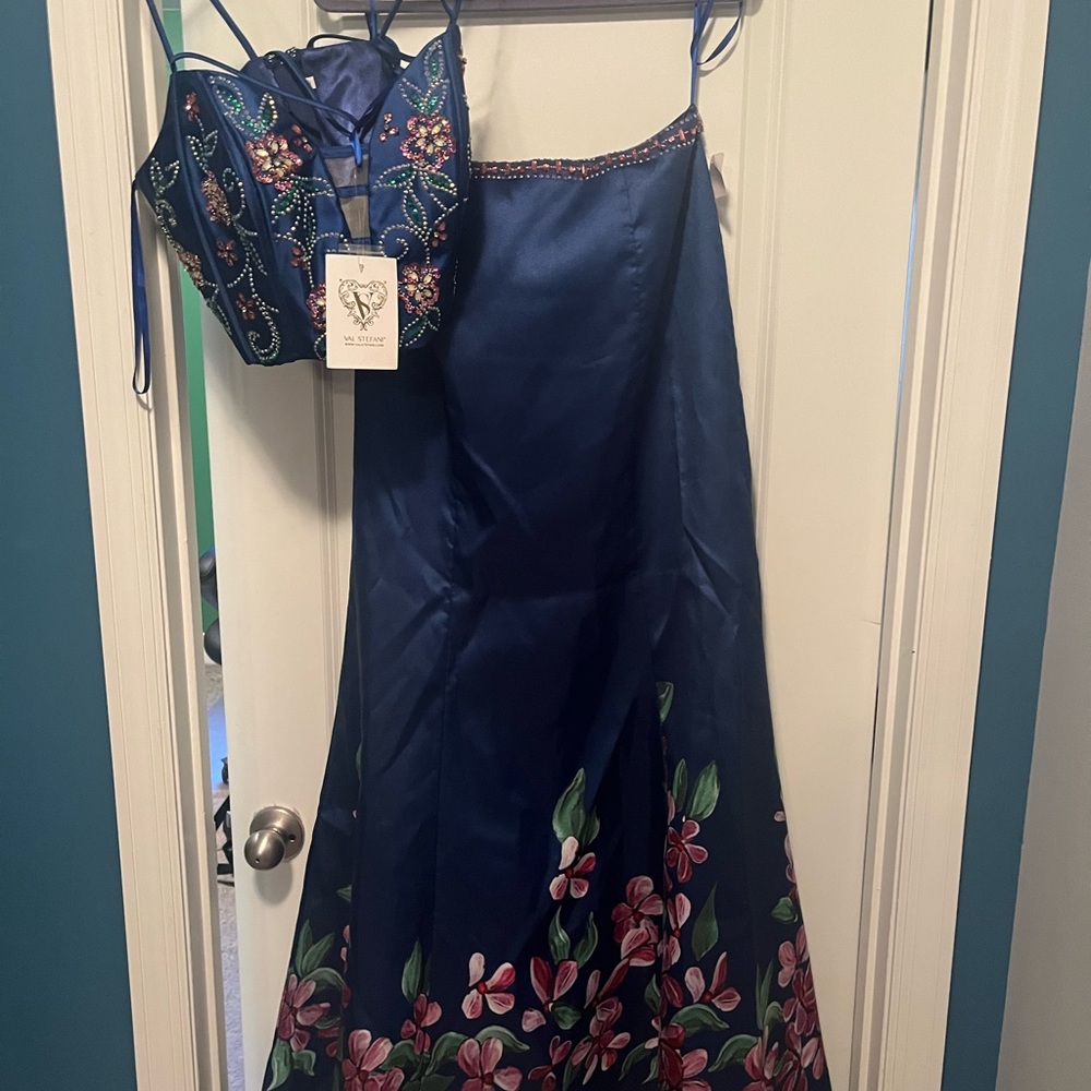 Val Stefani Navy Floral Embroidered Prom, Homecoming or Formal Occasion